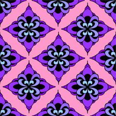 seamless symmetrical pattern of abstract purple geometric shapes on a pink background, texture
