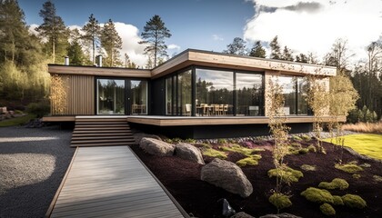 Generative AI of modern cozy house. Clear sunny summer day with blue sky.