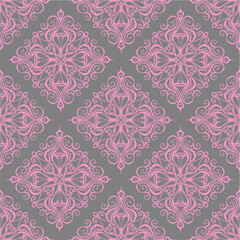 seamless graphic pattern, tile with abstract geometric pink ornament on gray background, texture, design