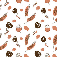 Delicate floral natural pattern with lotus seed box, poppy seeds, wheat.Vector print,cover,background.flat illustration