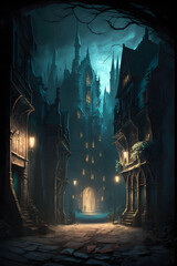 Fantasy medieval city at night digital art