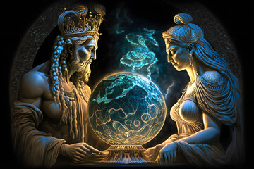 God and goddess creating earth orb digital art