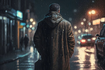 Obraz premium Lonely guy in overcoat walking through rain