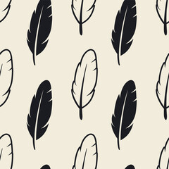 Vector Seamless Pattern with Different Black Fluffy Feather Silhouettes on White Background. Design Template of Flamingo, Angel, Bird Feathers for Wall Paper, Textile. Lightness, Freedom Concept