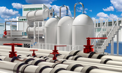 Chemical production. Plant for manufacture of chemicals. Exterior of factory with pipes. Tanks for storing chemical products. Factory in sunny weather. Modern manufactory. 3d image