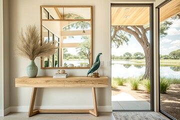 Modern Entryway with Tranquil Water and Tree View.