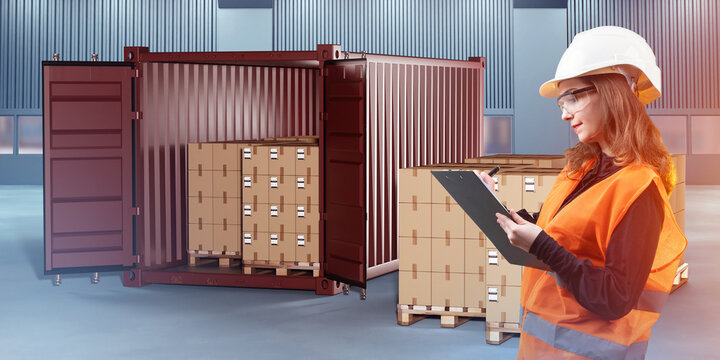 Woman logistician. Girl near logistics center. Sea container with cardboard boxes. Inspector is tank for supply goods. Woman logistician with clipboard in hands. Girl storekeeper in working uniforms