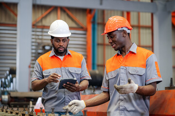 factory engineer is walking around inspecting machines inside a factory with a factory mechanic.