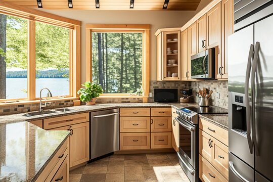 Modern Kitchen With a View of the Water and Trees, Ai Generated