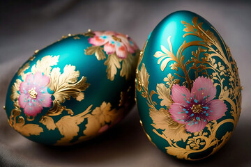 Shiny Easter Eggs, Painted In Vivid Turquoise, Gold And Pink With Flowers And Golden Details, Overly Decorated, Top Shot, Easter Day, Generative Ai