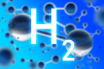 H2 background. Hydrogen under magnifying glass. Chemical composition h2. Hydrogen molecules logo. H2 inscription on blue. Concept for use of hydrogen for industrial purposes. 3d image