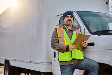 Truck driver holds shipping list on parking lot and looking at camera.