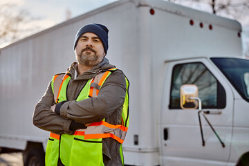 Confident driver standing with arms crossed on truck parking lot and looking at camera. © Drazen
