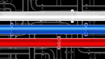 Pipeline in colors of flag of Russia. Three parallel pipes. Pipeline for oil import from Russia. Pipes of oil and gas company. Oil supply of products from Russia. Embargo, sanctions. 3d image