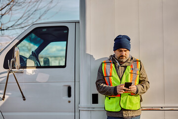 Truck driver text messaging on cell phone on parking lot.