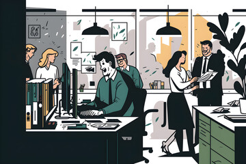Fototapeta na wymiar Multiple people working happily in an office, vector, illustration, businesses