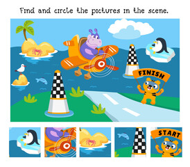 Find fragments. Educational puzzle game for children. Cute hippo in plane. Cartoon character. Vector illustration. Transport and air racing. 