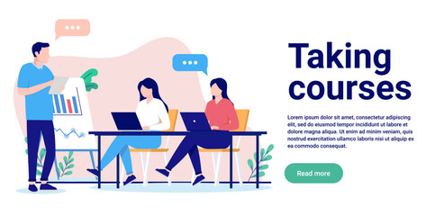 Taking courses - Business people having course and training workshop in office with laptops. Flat design vector illustration with white background and copy space