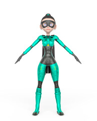 superheroine girl is doing an a pose in white background