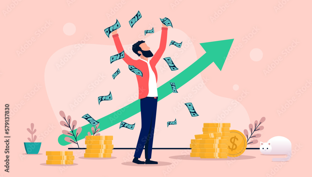 Aufkleber person getting rich - man making lots of money in front of green arrow pointing up towards financial
