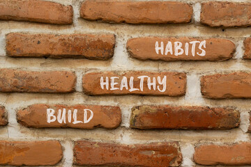 Motivation Build healthy habits symbol. Concept words Build healthy habits on red brown brick wall on beautiful red brown brick wall background. Business build healthy habits concept. Copy space