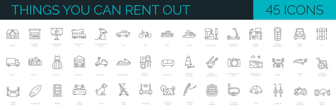 Set of 45 icons related to renting different stuff as equipment, sport gears, transport, buildings, pet and child items. Editable stroke