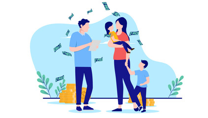 Obraz na płótnie Canvas Family economy - Parents with children standing talking about finances and economics. Flat design vector illustration with white background
