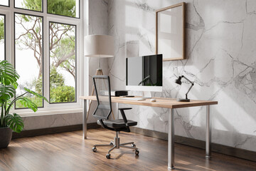 comfortable workplace with pc standing on wooden desk in office at home; bright sunlight shines through large window; wall; with canvas copy space;  remote work freelance concept; 3D Illustration