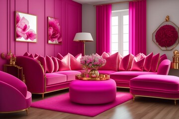 pink mock up wall with violet pink sofa, table and a chair in modern interior background, modern interior living room with purple sofa and home decor created with generative AI