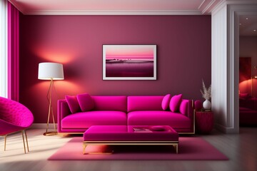 modern living room interior with canvas on the wall. interior with pillows on settee against the wall with poster created with generative AI