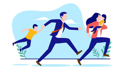 Fototapeta na wymiar Parenthood stress - Parents with kids running in a hurry and with stressful little time. Flat design vector illustration with white background