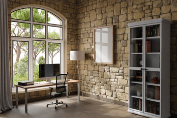 comfortable workplace with pc standing on wooden desk in office at home; bright sunlight shines through large window; wall; with canvas copy space;  remote work freelance concept; 3D Illustration