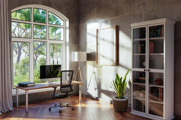 comfortable workplace with pc standing on wooden desk in office at home; bright sunlight shines through large window; wall with canvas copy space;  remote work freelance concept; 3D Illustration
