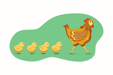 Hen, chickens . Vector flat illustration. Easter, isolated background. Easter card design.