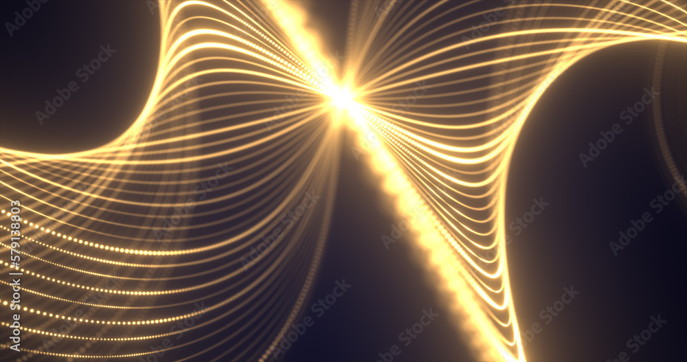 Poster Abstract yellow waves from lines and dots particles of glowing swirling futuristic hi-tech with blur effect on dark background. Abstract background