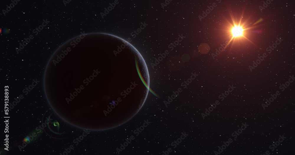 Poster abstract realistic planet glowing round sphere with stone sandy surface in space against the backgro