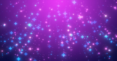 Abstract blue and purple bright glowing stars glamorous festive sparkling energy magical particles, abstract background