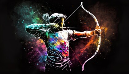 Watercolor illustration of an archer, beautiful bright colors archery logo of a man using a bow and arrow,  sagitarius zodiac symbol - obrazy, fototapety, plakaty