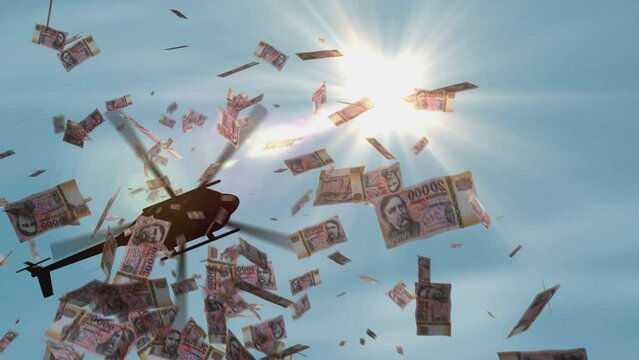 Hungary Forint banknotes helicopter money dropping. Hungarian HUF 20000 notes abstract 3d concept of inflation, money printing, finance, economy, crisis and quantitative easing.
