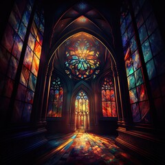 interior of a cathedral. Stained glass in sunlight