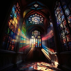 interior of a cathedral church with colored lights coming through the stained-glass windows GENERATIVE AI