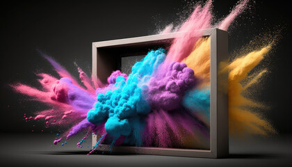 Product display frame with colorful powder paint explosion Generative AI product scene background
