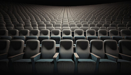 Naklejka premium Rows of chairs in movie theater or cinema, dark grey seats rows Generative AI background