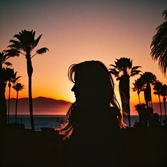 silhouette of a young girl at sunset on a beach  generative ai