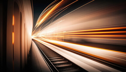 Fast moving train at night absrtact urban backgorund, Generative AI illustration