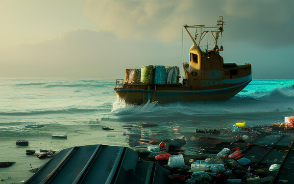 Garbage on the seashore and an old boat in the middle of the sea, created with Generative AI technology