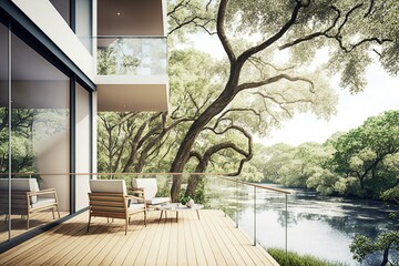 Modern Outdoor Seating Area on a Balcony with a Glass Railing and a Beautiful Water and Tree View, Ai Generated