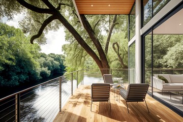 Modern Outdoor Seating Area on a Balcony with a Glass Railing and a Beautiful Water and Tree View, Ai Generated