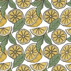 Seamless pattern with lemons and leaves on white background