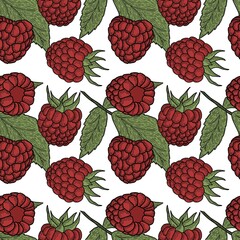 Seamless pattern with raspberries and leaves on white background